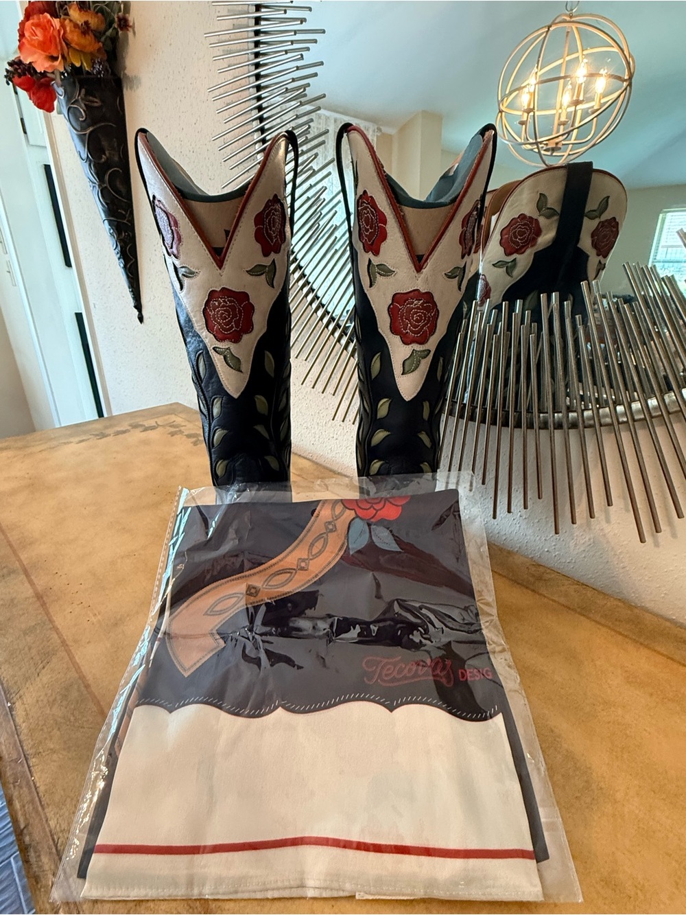 Tecovas Black Leather Women's Cowboy Boots with Red Rose Embroidery scarf. - Picture 9 of 16